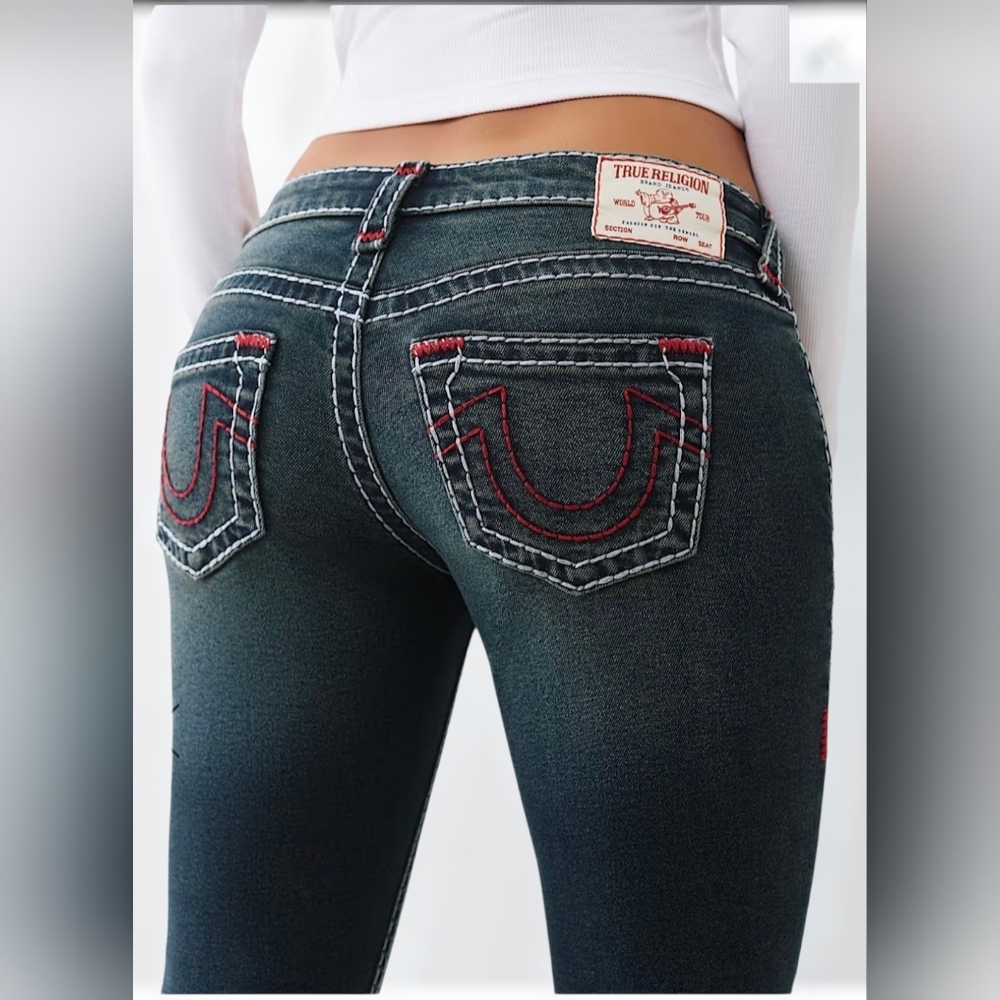True Religion Dark Indigo Bootcut Jeans with Red Stitching